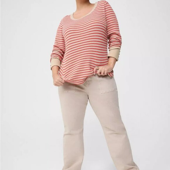 Torrid Crewneck Tee Top Striped Waffle Knit Long Sleeve Beige Tan Red Plus Sz 4X - Picture 3 of 14